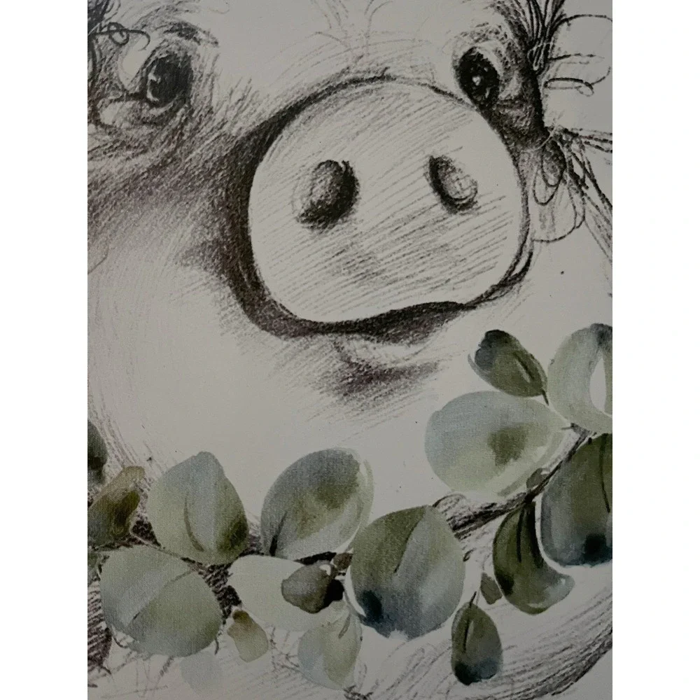 Farmhouse Pig with Eucalyptus Wreath Wood Framed Wall Art Plaque Decor 8x10